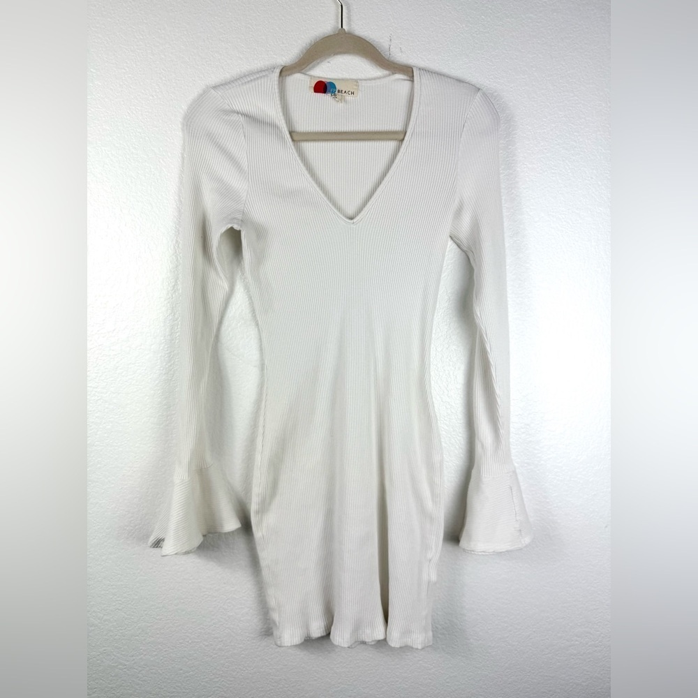 Free People Beach Who Needs Sleep White Mini Dress Ribbed Long Sleeve size S